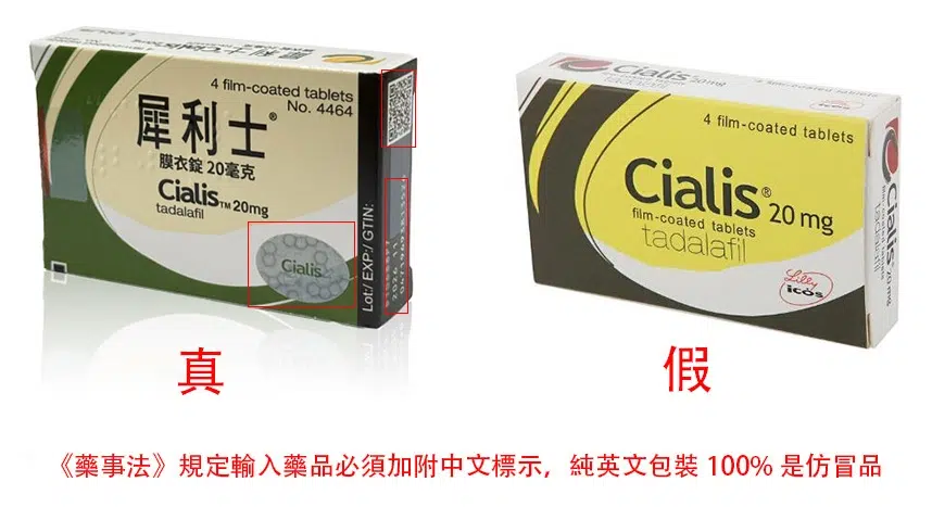 犀利士真假藥包裝對比圖，左為台灣正品繁中包裝，右為純英文假藥版本