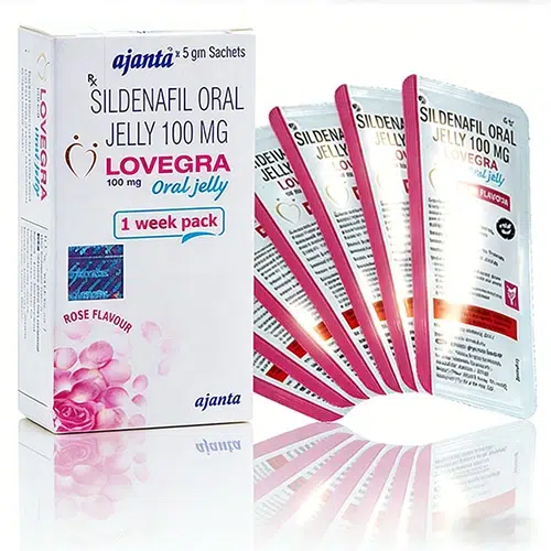Lovegra Oral Jelly 100mg 七包裝產品展示圖 女用果凍威而鋼 Lovegra Oral Jelly 100mg 外盒與7包果凍